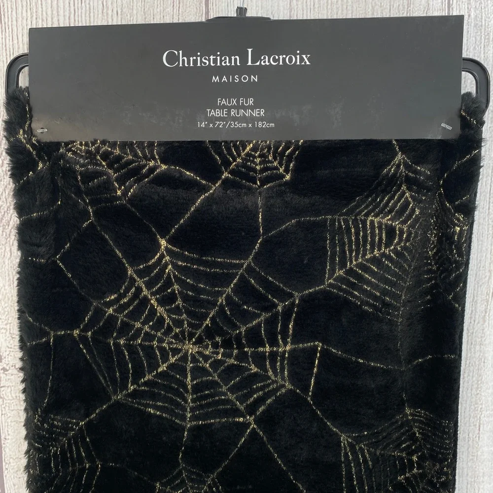 Christian Lacroix Table Runner 14x72 Black Gold Spiderweb Faux Fur Halloween